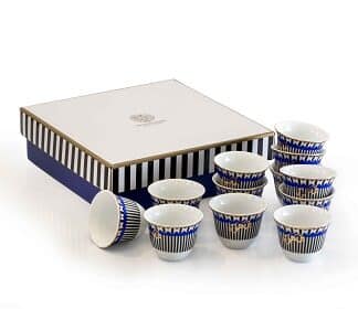 New bone porcelain 60cc Qahwa Arabic coffee cups, comes in a set of 12, adorned with Isalmic geometric design, and gold print Arabic Calligraphy "Qahwa" - Meaning "Coffee".