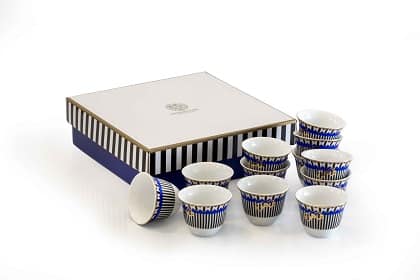 New bone porcelain 60cc Qahwa Arabic coffee cups, comes in a set of 12, adorned with Isalmic geometric design, and gold print Arabic Calligraphy "Qahwa" - Meaning "Coffee".