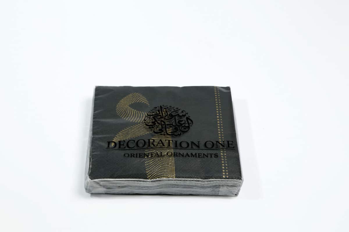 Printed napkins, grey base color, with golden-print dotted Arabic calligraphy pattern. Napkin size 24x24cm when open, 2ply tissue, 20 napkins per pack.
