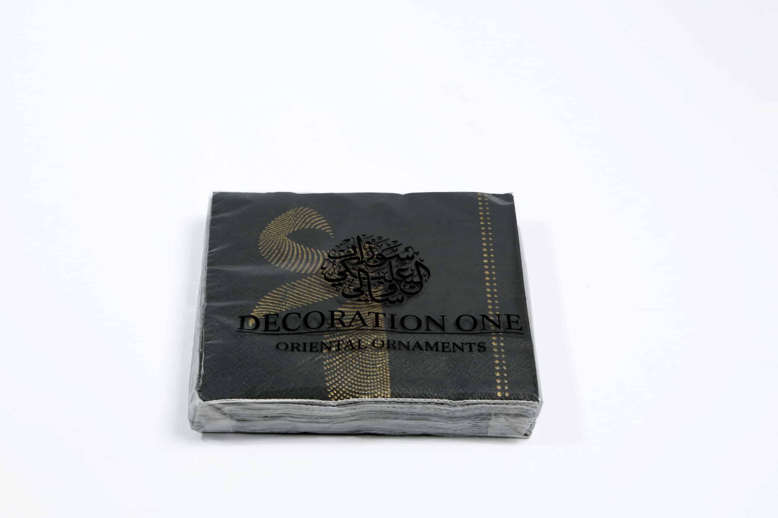 Printed napkins, grey base color, with golden-print dotted Arabic calligraphy pattern. Napkin size 24x24cm when open, 2ply tissue, 20 napkins per pack.