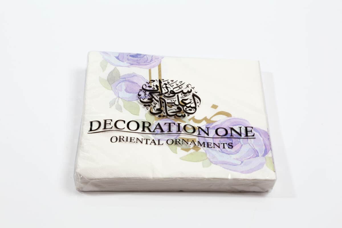 20 Flower Paper Napkin 40x40x3 PLY Printed napkins, with purple peony flower print and golden-print Arabic calligraphy "Ya Daifana" - Meaning "Our Guest". Napkin size 40x40cm when open, 3ply tissue, 20 napkins per pack.