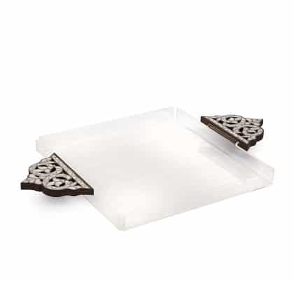 alt="plexi tray with wood and mother of pearl handle"